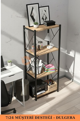 Fourty 4 Raflı Metal Dar Tekli Kitaplık Dekoratif Ofis Salon Rafı 124 Cm Çam