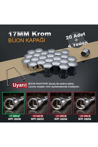 20 Adet + 4 Yedek Bijon Kapağı 17mm + Sökme Aparatı Peugeot - Citreon - Fiat - Renault - Opel - Toyota - Volkswagen - Hyundai - Kia Oem: 5408.12 / 9644577080 / 1611818780 / Pb9081 / 26051 Krom