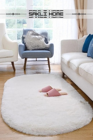 Beyaz Oval Post Halı Peluş Yumuşak Kaymaz Dot Taban Makinada Yıkanabilir Yolluk Beyaz