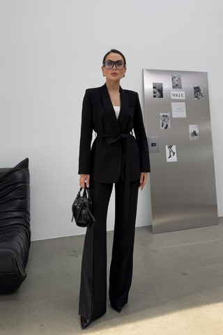 Msm Fashion Kadın İkili Kuşaklı Blazer Ceket Pantolon Takım Siyah