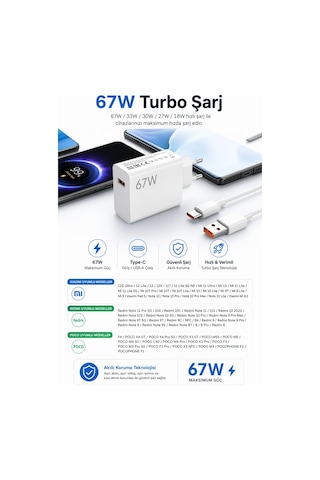 67w Turbo Hızlı Şarj Aleti Type-c Kablo Dahil Hızlı Şarj Destekli Xiaomi Redmi Oppo Huawei Uyumlu