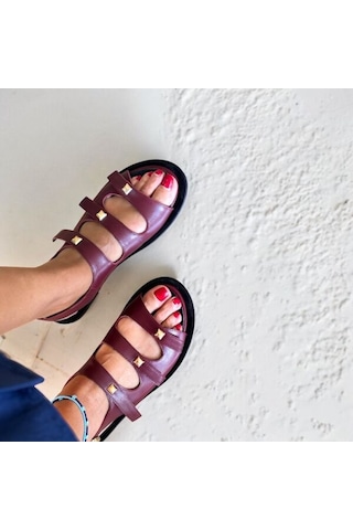 Ne&ve Shoes Bordo Hakiki Deri Gold Aksesuarlı Günlük Rahat Sandalet