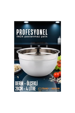 Inox Ölçekli Derin Kase - 28 Cm 4 Litre Karıştırma Kabı Profesyonel 304 Paslanmaz Çelik 721844 Paslanmaz Çelik Gümüş Ve Siyah
