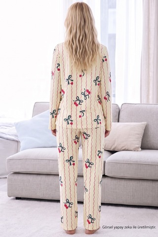 Siyah İnci Sarı Fiyonk Desenli Termal Kumaşlı Ultra Soft Yumuşak Düğmeli Örme Pijama Takımı 26226125