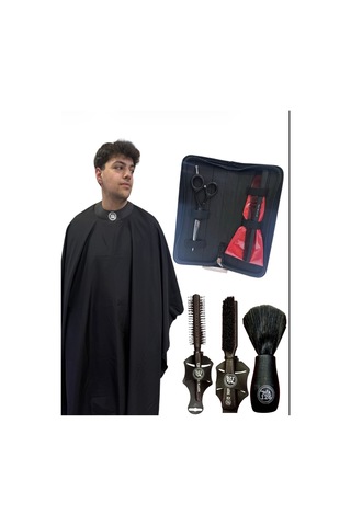 Deri Düğmeli Penuar, Koz01 Ense Fırçası,kozxx Fade Fırça,koz04 Tarak, Koz04 Saç Makası Kuaför Seti