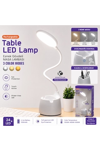 Şarjlı Led Masa Lambası 3 Işık Modlu Dokunmatik Esnek Gövdeli Kalemlikli Beyaz