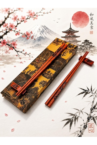 Valkyrie Doğal Ahşap Yemek Çubuğu Seti 2 Çift Ejderha Desenli Çubuk Tutacaklı Kutulu 22,9 Cm Chopstick Seti