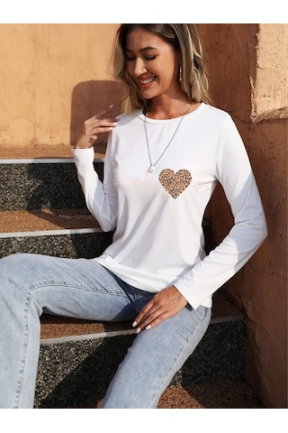 Ahes Shopping Kadın Uzun Kollu Bisiklet Yaka Kalp Desenli Bluz Beyaz