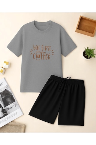 Uyguntarz But First Coffee Baskı Şort Takım Gri
