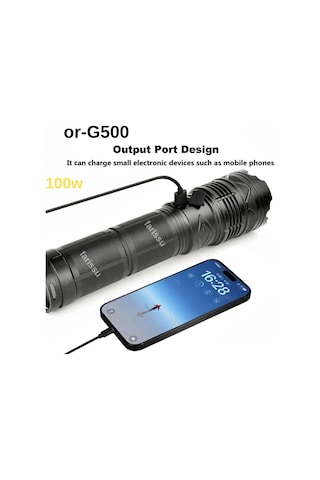 Or-g500 100w Ultra Güçlü Şarj Edilebilir El Feneri - Powerbank Özellikli, 1000 Metre Teleskopik Zoomlu Siyah