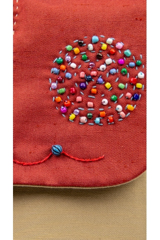 Fabric Craft Bag Sırt Çantası Kumaş Boho Nakışlı Koyu Bej - Bordo