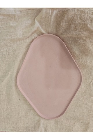 Taş Tozu El Yapımı Nişanlık Sunumluk Ve Mumluk Oval Dörtgen Tepsi Şık Dekoratif Tasarım 30x23 Cm - Pembe Pembe