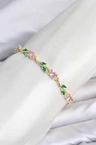 Pirinç Gold Renk Pembe Zirkon Taşlı Çiçek Model Kadın Bileklik Çok Renkli