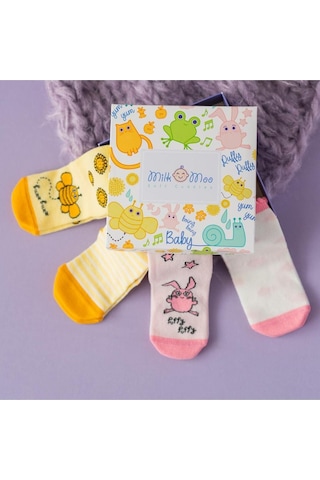 Milk & Moo Bebek Çorabı 4'lü Set Arı Vız Vız ile Çançin 0-12 Yaş