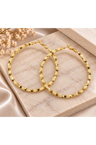 Premium Parlak Ve Şık Gold Renk Taş Dokulu Büyük Halka Kadın Çelik Küpe Altın
