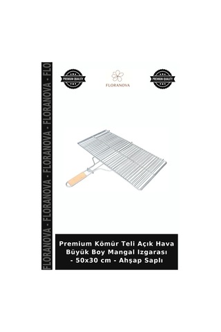 Premium Kömür Teli Açık Hava Büyük Boy Mangal Izgarası - 50x30 Cm - Ahşap Saplı