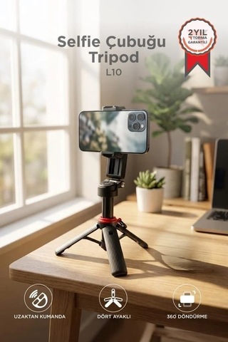 Tripod Çok Amaçlı 360 Derece Kumandalı Selfie Çubuğu L10 Siyah Mobil Ayak Çekim Aleti Yayın Aparatı
