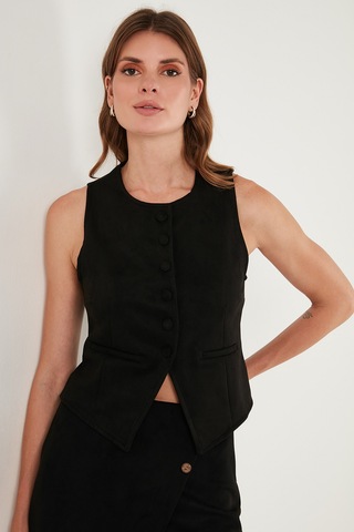 Lela Fitted Fit Bisiklet Yaka Düğmeli Yumuşak Dokulu Bayan Yelek 5866435 Siyah