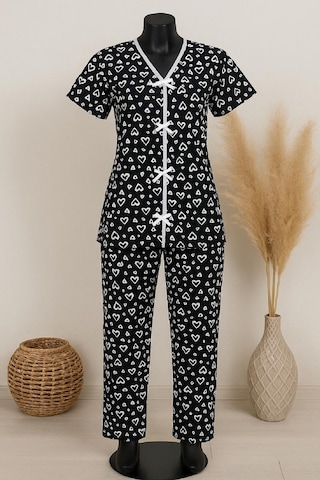 Moda Dua Kadın Siyah Beyaz Desenli Fiyonklu Kısa Kollu Pijama Takımı