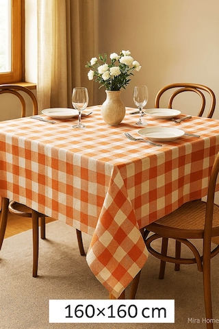 Mira Home Kareli Masa Örtüsü Sofra Bezi 160x160 Cm Happytime Turuncu