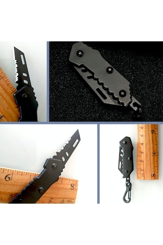 Omeniv Mini Çelik Kamp Çakı Kamp Bıçak Testere Karabiner Anahtarlık Kolye Siyah