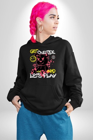 Dışarı Çık Ve Oynayalım Teddy Kadın Erkek Siyah Kapüşonlu Sweatshirt Hoodie Siyah