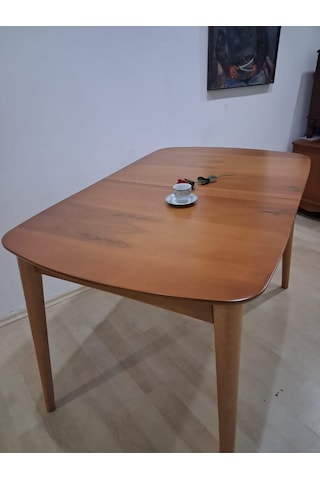Masa Oval 90642 Retro Ayak Model Kayın Retro Açılır Parlak Açık Ceviz Tabla El Yapım Kahverengi