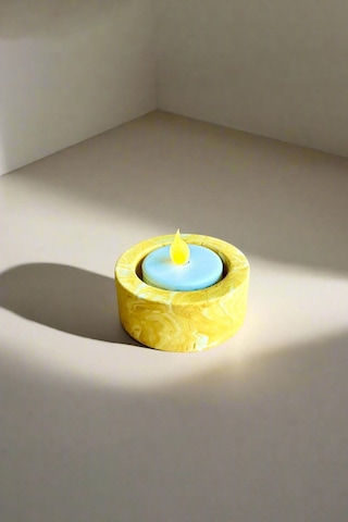 Dekoratif Sarı Mermer Desenli Beton Şamdan El Yapımı Tealight Mumluk 3 Adet Sarı