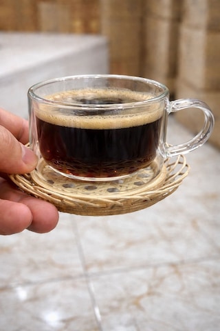 Qerhome 6'lı Borosilikat Cam Bambu El Yapımı Rattan Tabaklı Çay Ve Kahve Fincanı180 Ml Şeffaf
