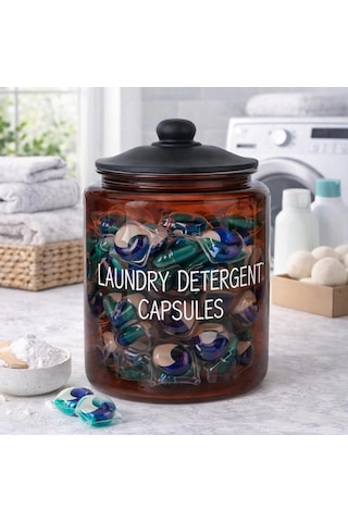 3,8 L Cam Deterjanlık Kavanoz Amber Renk, Kapaklı Laundry Detergent Capsules Saklama Kabı, Çamaşır Deterjan Kapsülü Ve Pod Düzenleyici 7009