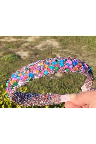 El Yapımı Pembe Gümüş Doğal Renkli Kristal Taşlı Işılıtılı Taç