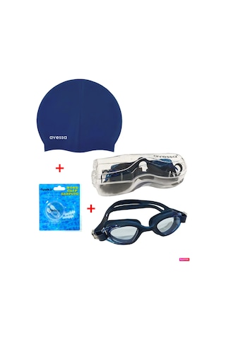 Avessa 3'lü Yetişkin Havuz Set GS3 Gözlük + Bone + Tıkaç Mavi Beyaz