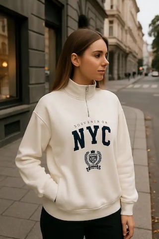 Önü Fermuarlı Nyc Baskılı Sweat Ekru