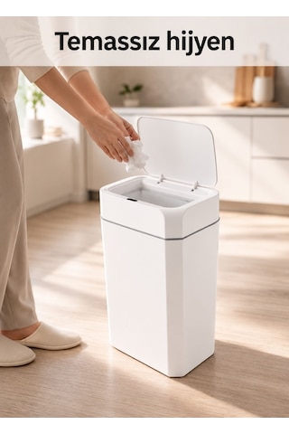 Sensörlü Akıllı Çöp Kovası 18 L - Pilli Otomatik Mutfak Banyo Çöp Kutusu Beyaz 40 Cm