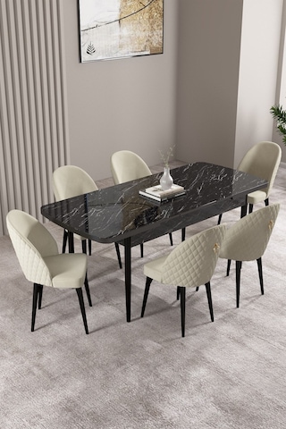 Milas Siyah Mermer Desen 80x132 Mdf Açılabilir Mutfak Masası Takımı 6 Adet Sandalye Krem