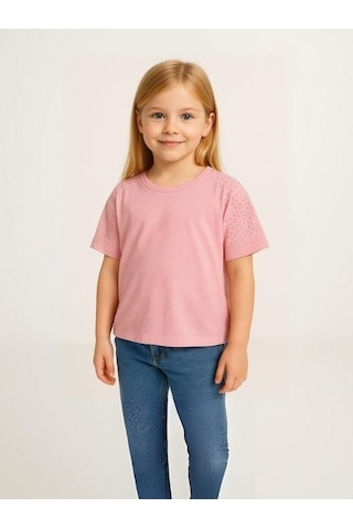 Kız Çocuk Taş İşlemeli Pamuklu T-shirt-15981 Pembe
