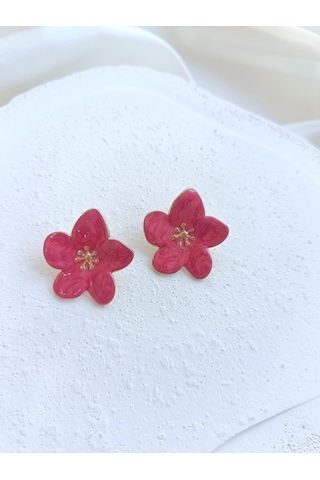 Çelik Fuşya Çiçekli Küpe Altın - Pembe