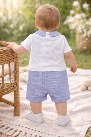 Uğur Bebe %100 Pamuk Erkek Bebek Tulum Yakalı Kısa Kollu Alttan Çıtçıtlı Yazlık Tek Parça Bebek Tulum Mavi Mavi