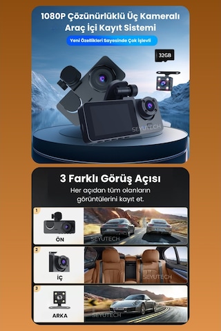 Harvox 3 Kameralı Wi-fi Özellikli Full Hd Araç İçi Kamera 1080p Gece Görüş, G-sensor Dashcam Y15
