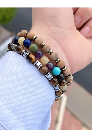 Nursaat Doğal Taş Özel Kombin Kaplan Gözü-çakra-oniks Oluşumu Doğal Unisex Enerji Bilekliği Blkt.ns02 3 Adet Çok Renkli