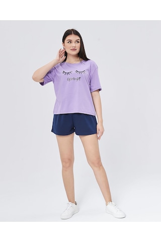 Bella Dossi Pamuklu Kısa Kollu Baskılı Şortlu Kadın Pijama Takımı Mor