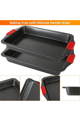 Silikon Saplı Dikdörtgen Fırın Tepsisi Metal Yanmaz Yapışmaz 40 Cm Siyah