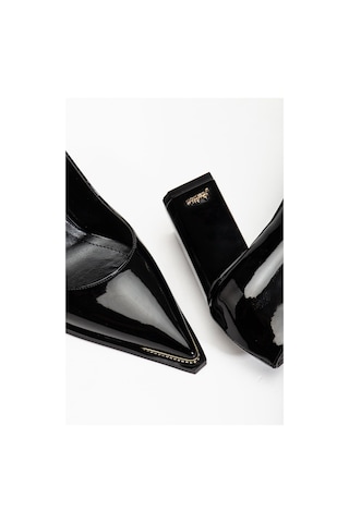 Suins Premium Verty Model Kadın Kalın Topuklu Burnu Taşlı Rugan Stiletto Ayakkabı Siyah