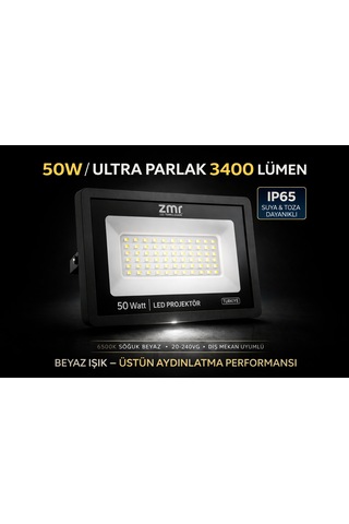 50 W Ultra Slim Led Projektör 220v-6500k-3400lm Beyaz Işık