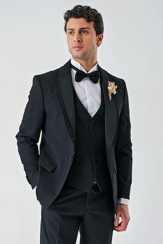 İmza Siyah Çıkarılabilir Şal Yaka Yelekli Likralı 6 Drop Slim Fit Smokin Damatlık 1001240203-Siyah