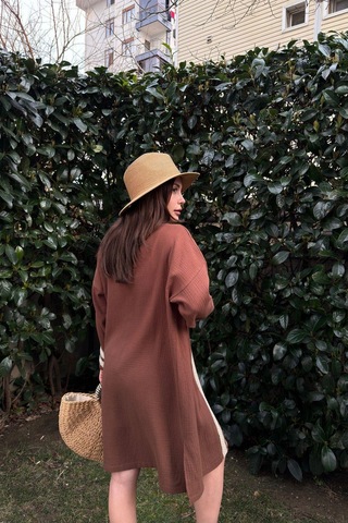 Kadın Kahve Müslin Kumaş, Hasır Şerit Detaylı Salaş Kimono Ceket Kahve