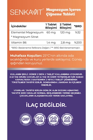 Senkavit Kids Magnezyum Sitrat Ve B6 İçeren 60 Çiğneme Tableti