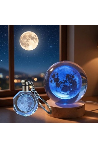 Dolunay Tasarımlı Işıklı Cam Küre - Kristal Anahtarlık Seti - Renk Değiştiren Gece Lambası Diğer