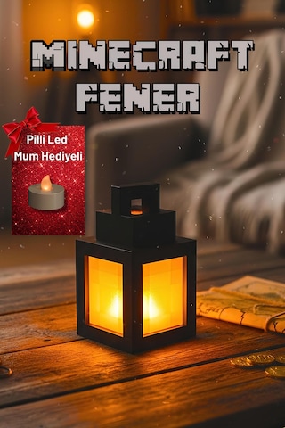 Minecraft Fener Modern Tasarımlı Led Masa Lambası-pilli Led Mum Hediyeli-dekoratif Masaüstü Lamba Siyah