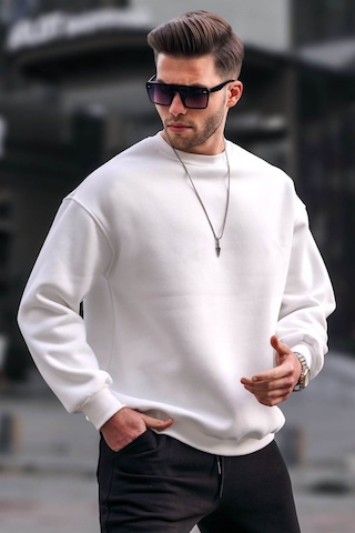 Madmext Ekru Bisiklet Yaka Oversize Şardonlu Basic Erkek Sweatshirt 6048-ekru Ekru